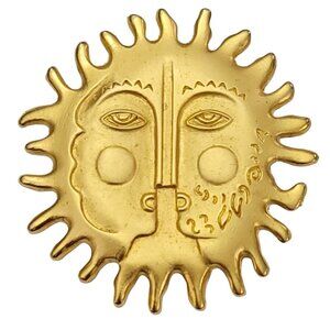 Maxine Denker Gold Tone Sun Face Brooch Pin, Signed K585